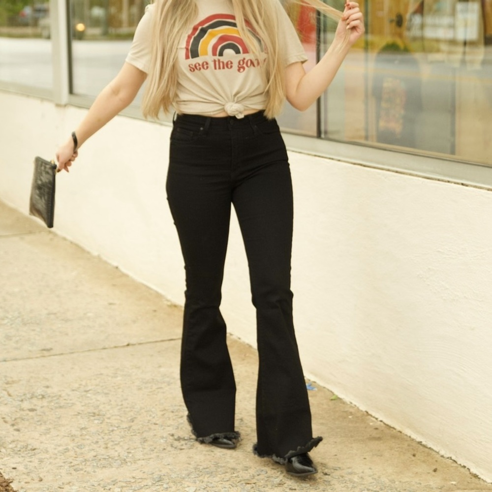 Black stretch flare jeans high rise
